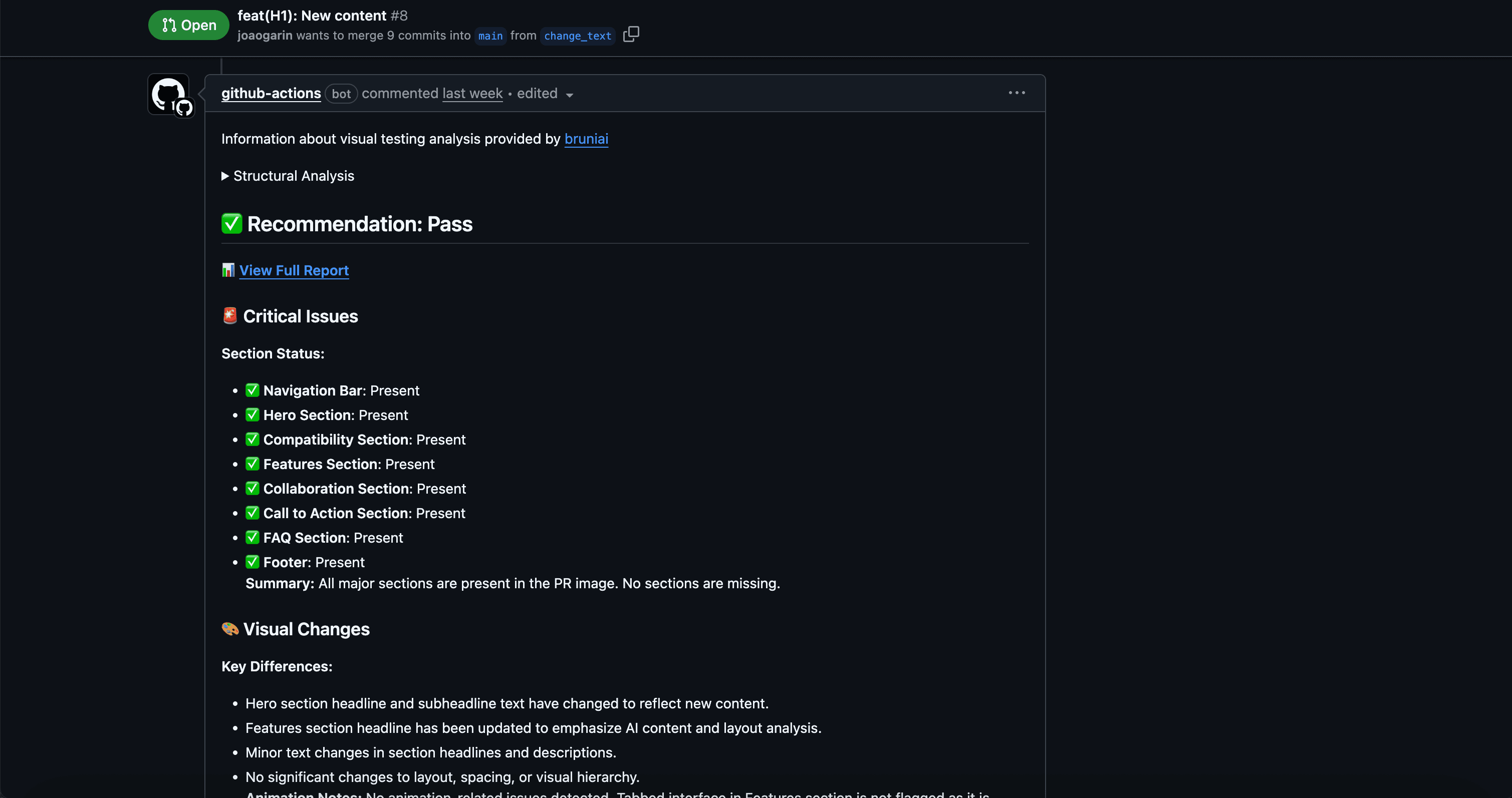 GitHub PR integration showing analysis results